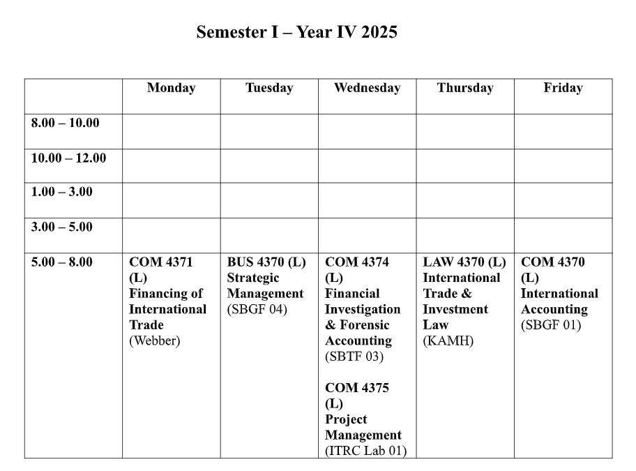 Timetable for fourth Years